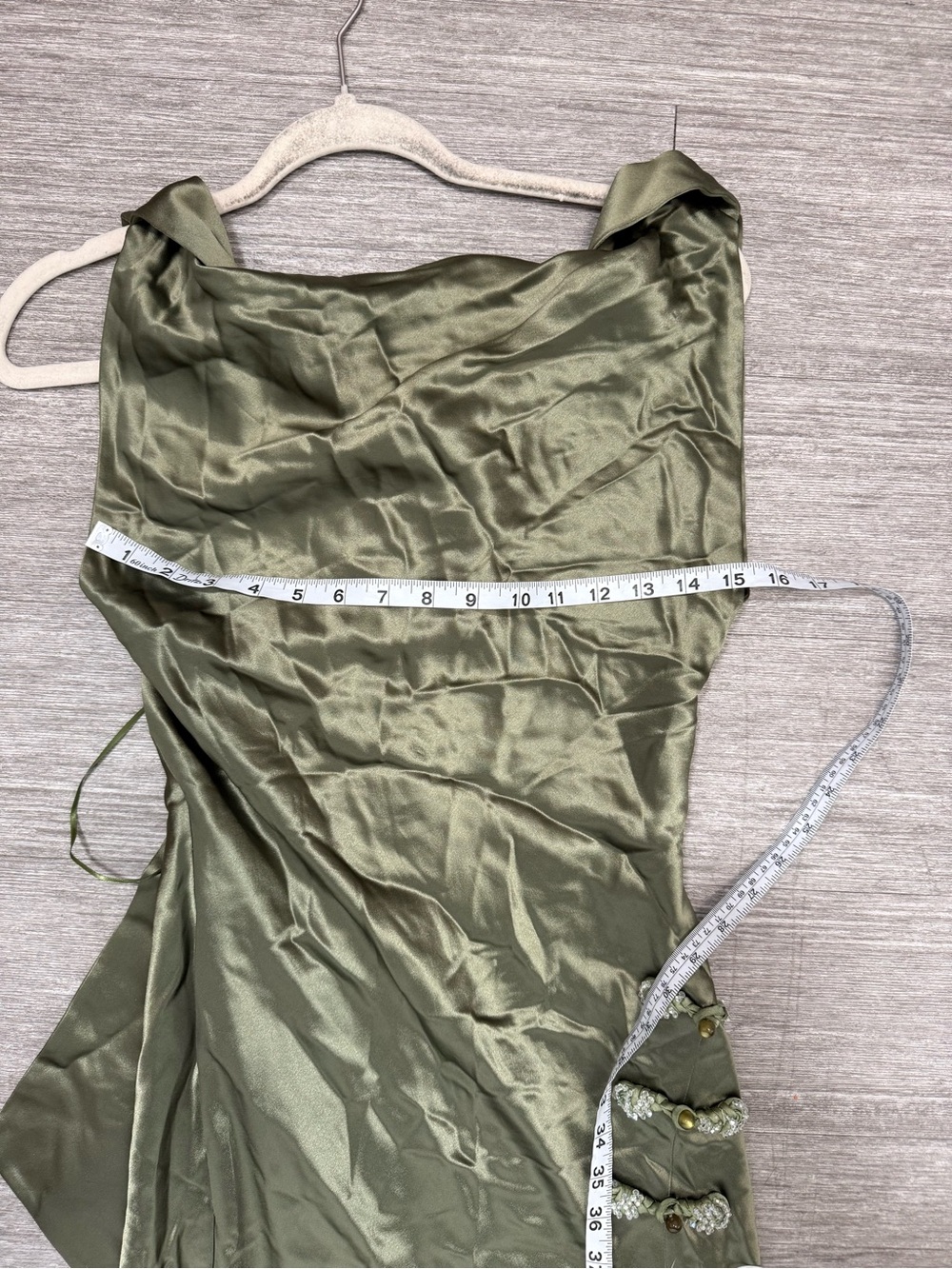Sau Lee Priscilla Gown Olive Green Satin Maxi Dress Asian Inspired Formal Slit 4 - Picture 7 of 9